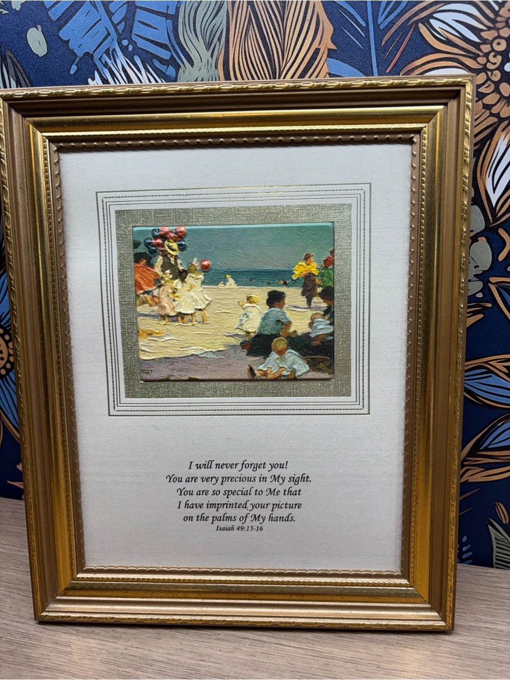 Gold-Framed Beach Artwork with Scripture Accent - Blue, Green & Cream
